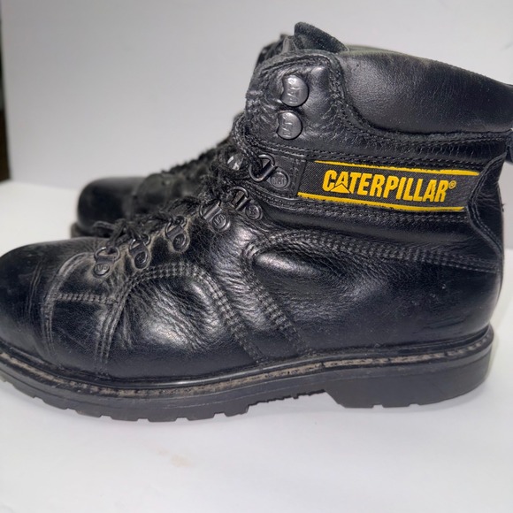 Caterpillar Steel Toe Work Boots Mens 9 Black Leather Lace Up Padded Collar